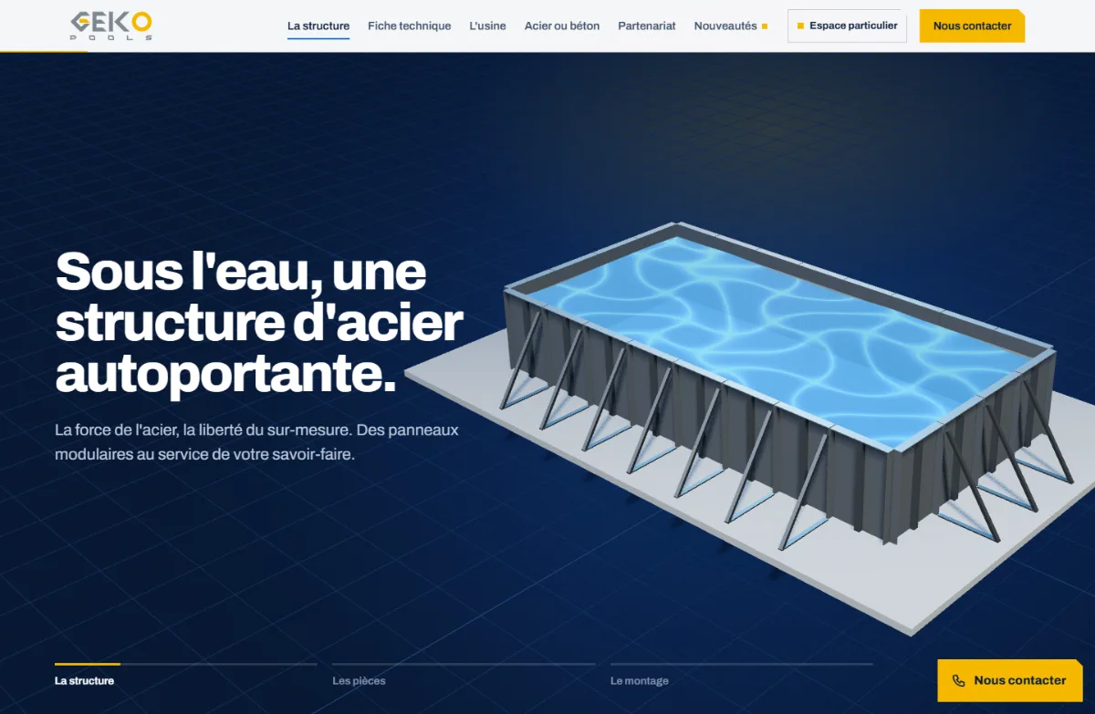 La page d'accueil de Geko Pools sur ordinateur